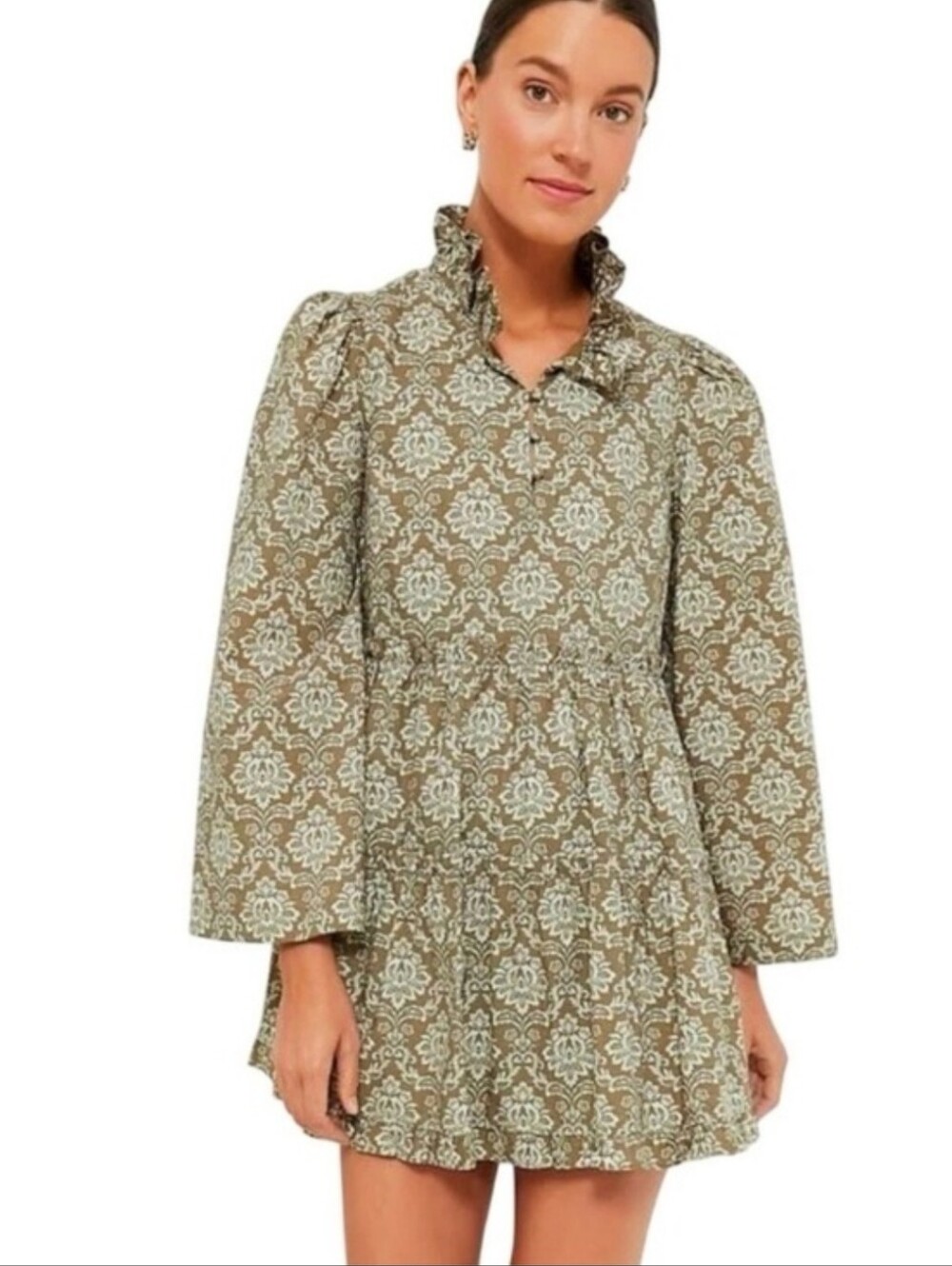 Hyacinth House by Tuckernuck Olive Bell Sleeve Tiered Mini Dress NWT Medium